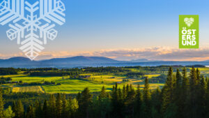 panorama över frösön med fjällen i horisonten