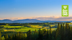 Panoramabild över frösön och fjällen sommartid