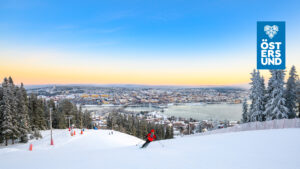 Ensam skidåkare i Gustavsbergsbacken med staden i fonden
