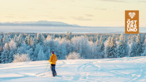 Längskidåkare med fjäll i fjärran