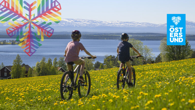 Två barn cyklar på en äng med gula maskrosor. I bakgrunden syns fjällen.