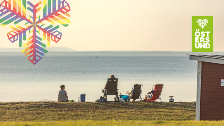 Fyra personer sitter vid strandkanten vid Bynäset och tittar ut mot Storsjöflaket.