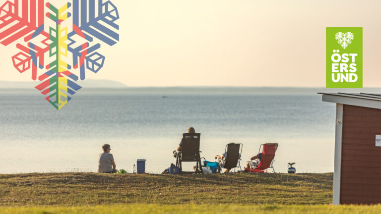 Fyra personer sitter vid strandkanten vid Bynäset och tittar ut mot Storsjöflaket.